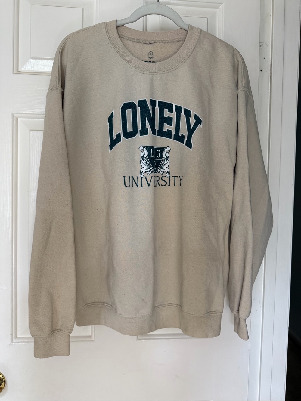 LONELY GHOST Beige Crewneck with Dark Green University Print